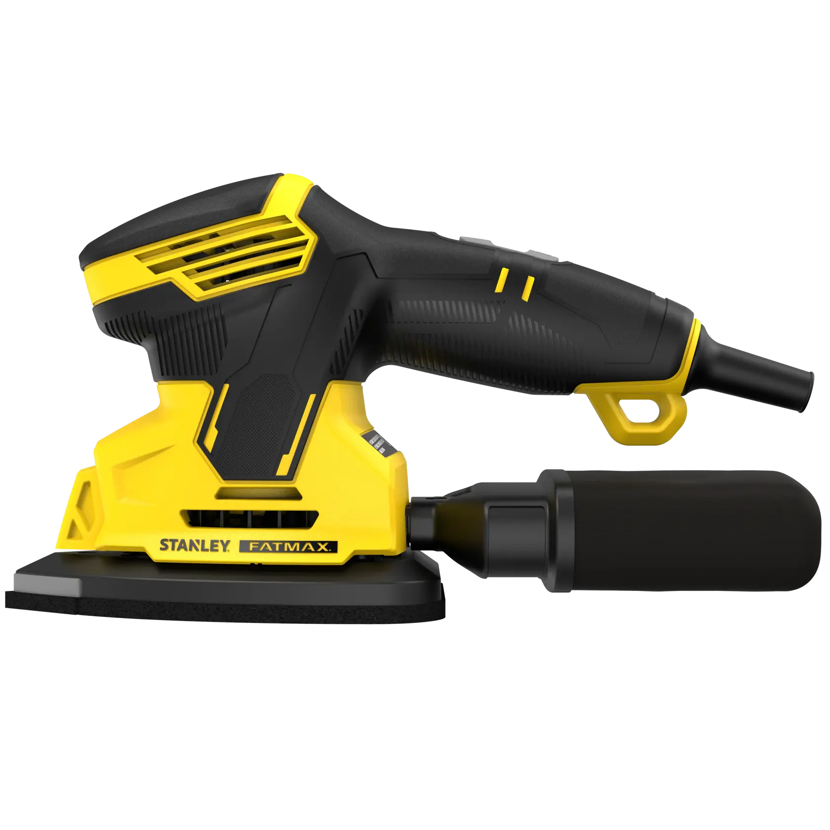 STANLEY SFMEW210S FATMAX levigatrice elettrica vista laterale, gialla e nera, con raccoglitore di polvere.