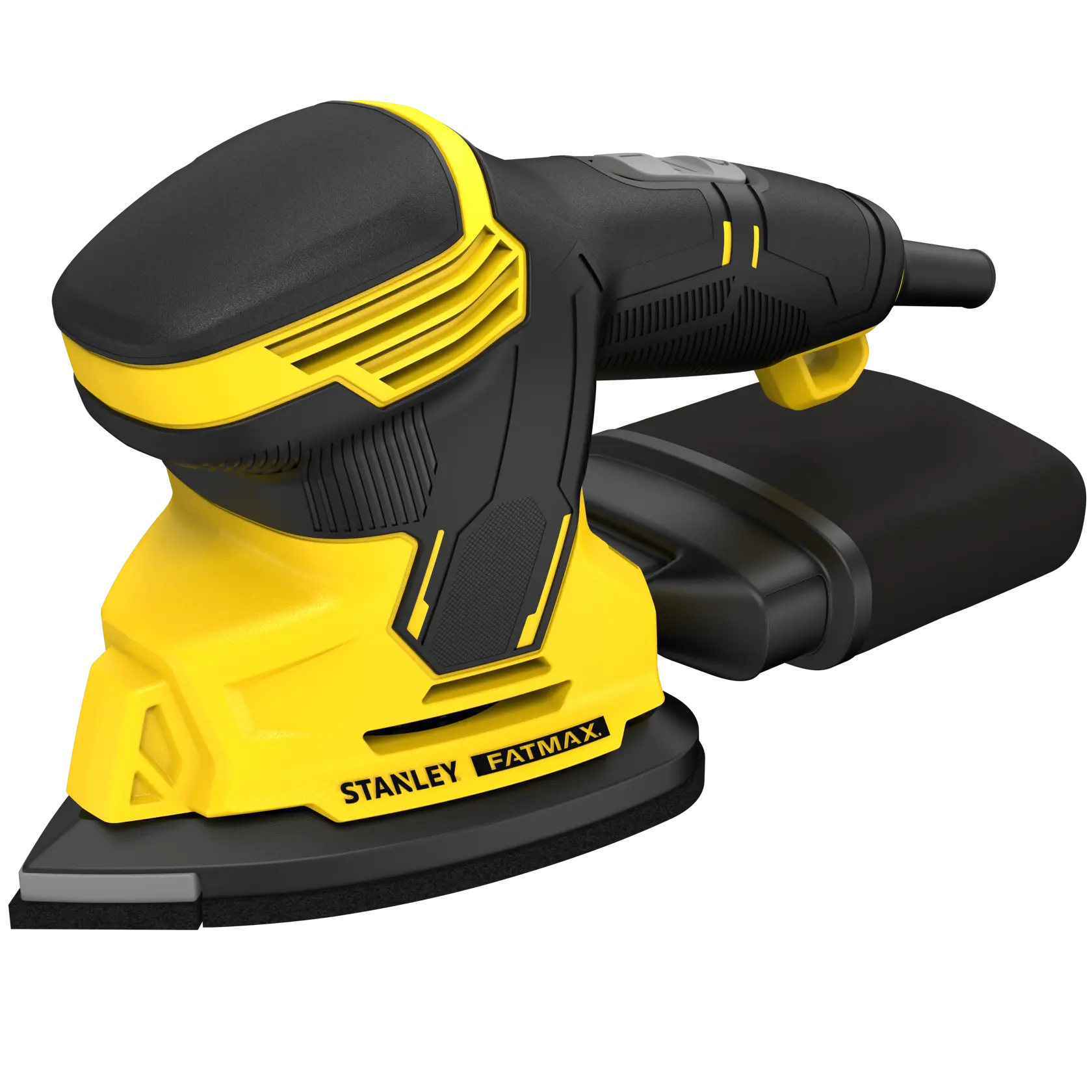 STANLEY SFMEW210S primo piano di levigatrice elettrica gialla e nera con scatola raccogli-polvere, vista angolata.