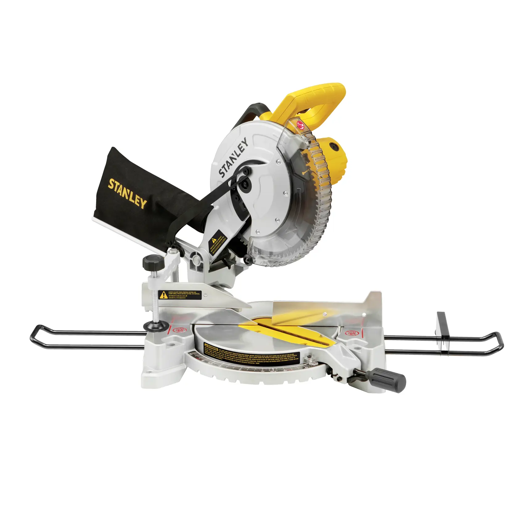 STANLEY SM1650 photographie de scie à onglet avec des accents jaunes et noirs, angle latéral sur fond blanc.