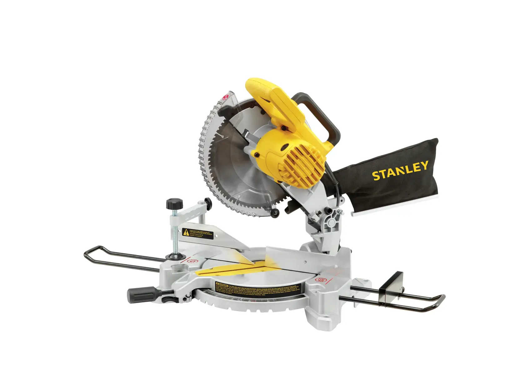 STANLEY SM1650 troncatrice con corpo motore giallo, vista laterale, sacco per polvere, base argento.