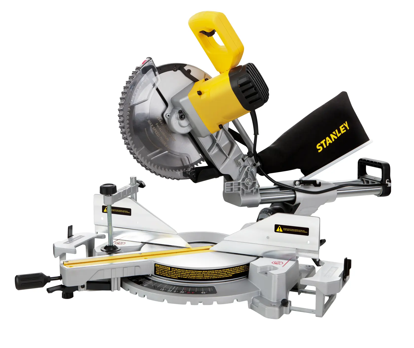 Foto della troncatrice STANLEY SM1800 con manico giallo, sacco raccoglipolvere nero e base argento su sfondo bianco.
