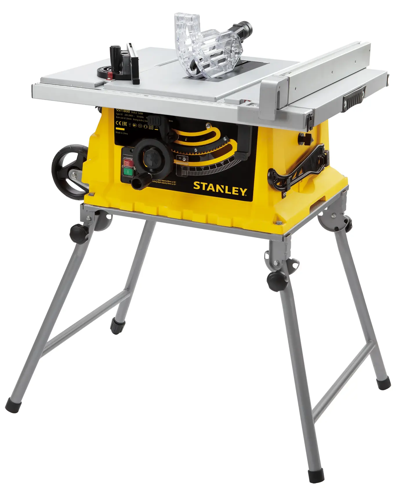 STANLEY SST1800 scie sur table avec base jaune et support métallique pliant, vue de face en angle.