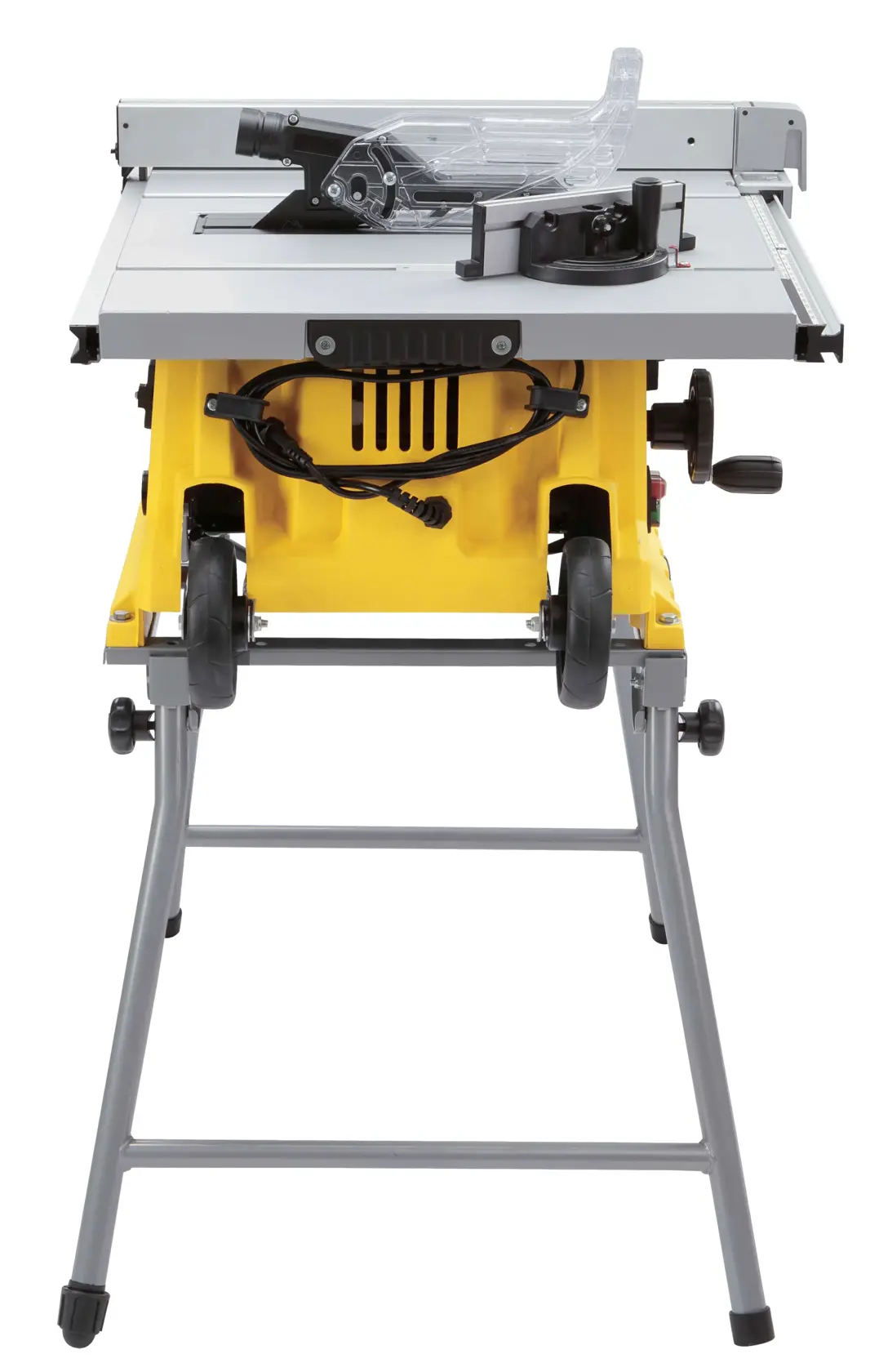 Scie sur table STANLEY SST1800 avec base jaune, support en métal pliant, roues et protecteur de lame transparent, vue de face.