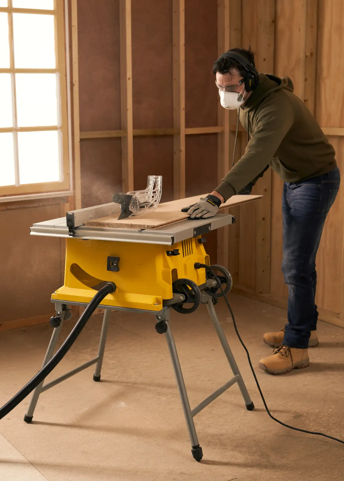 Scie sur table STANLEY SST1800 utilisée pour couper du bois, en atelier intérieur.