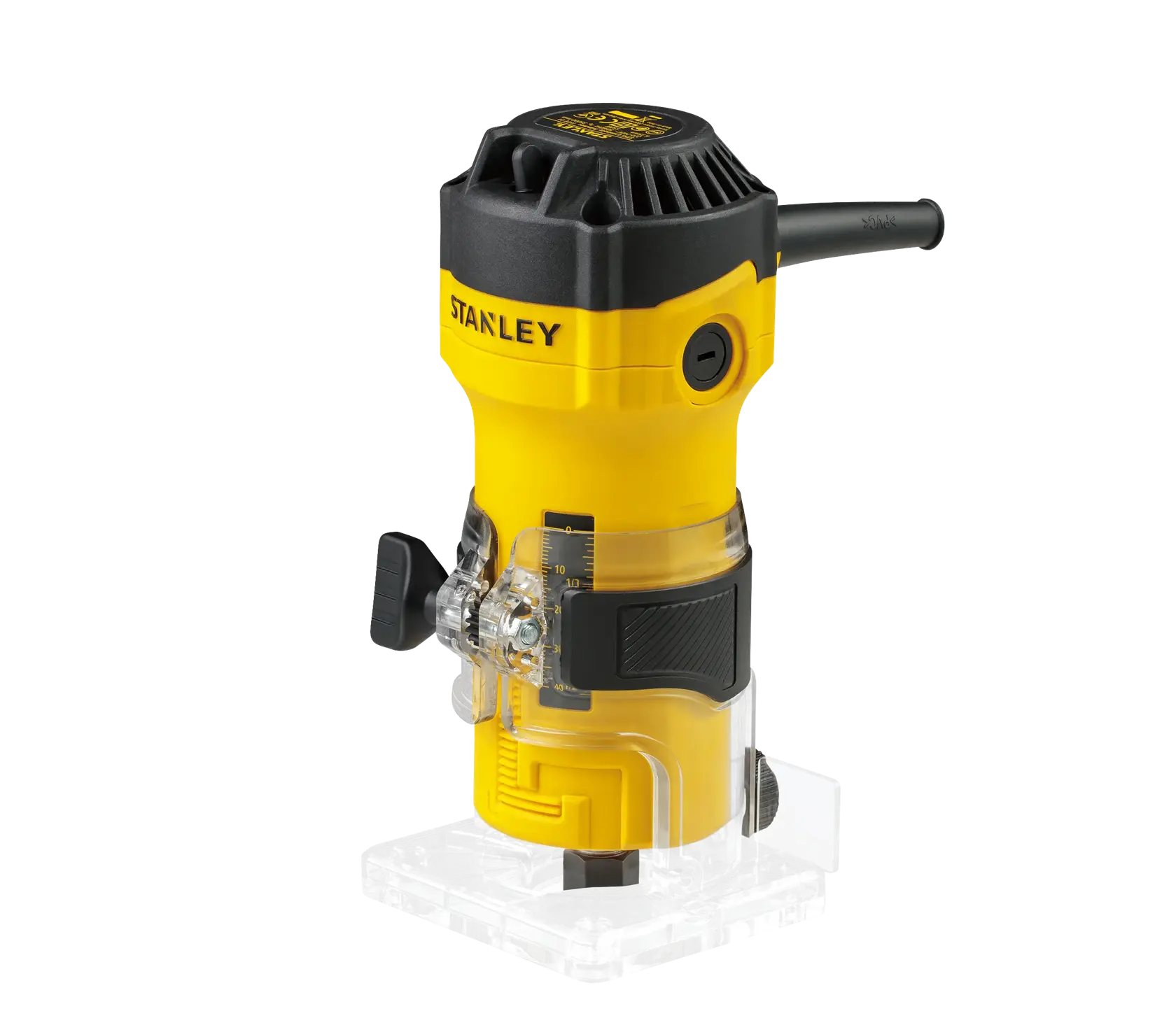 Photo de la STANLEY ST55-B2 fraiseuse jaune, angle avant droit, base transparente.