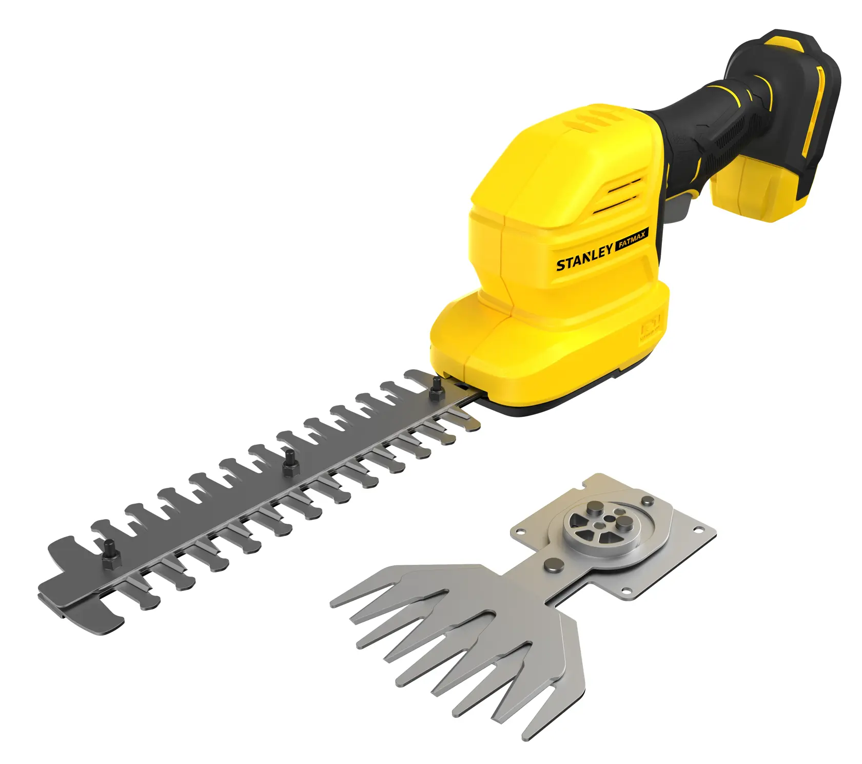 Photo du STANLEY STCSS20B cisaille à arbustes sans fil jaune avec lame supplémentaire, angle produit sur fond blanc.