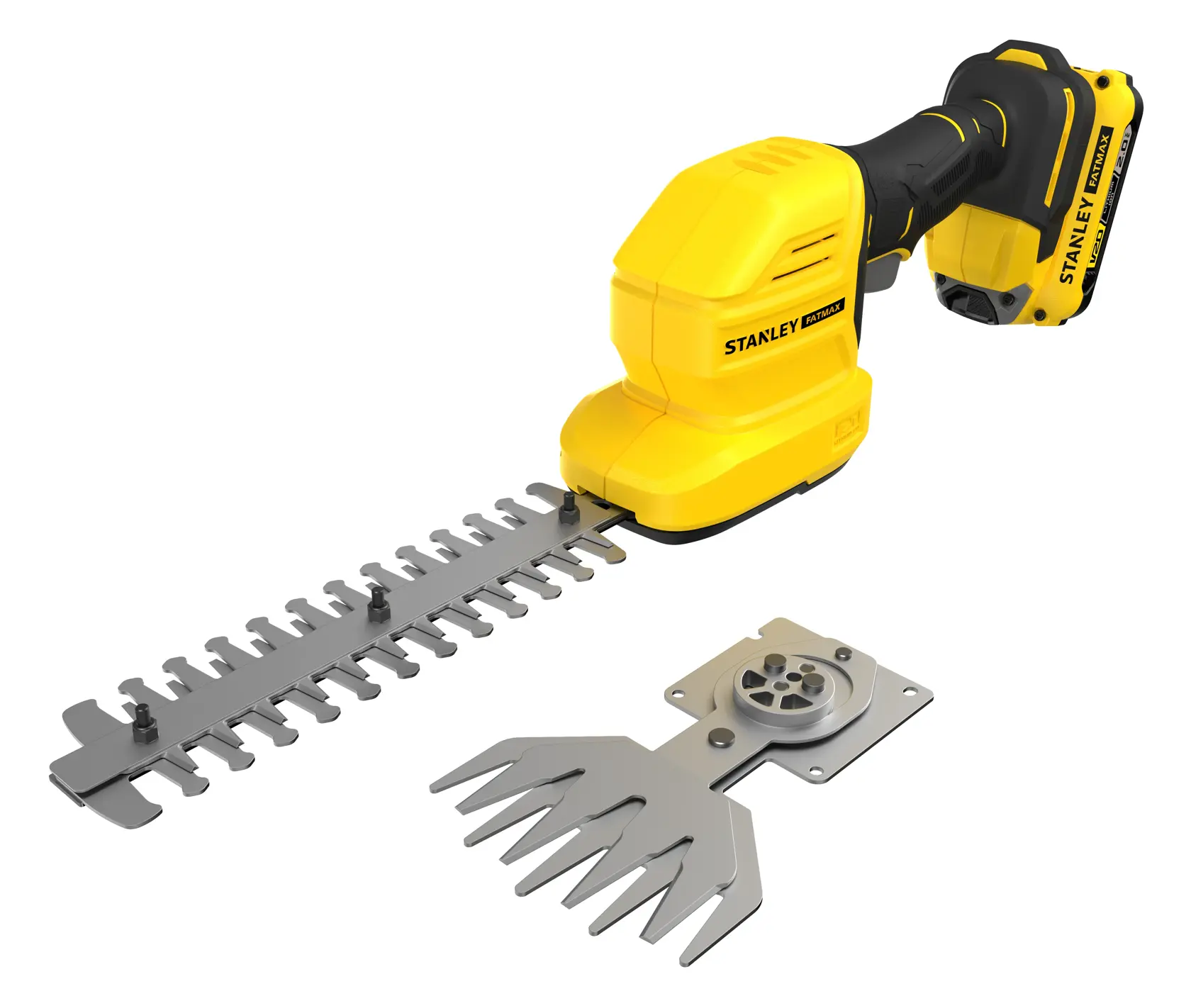 STANLEY STCSS20D1 tagliasiepi cordless con corpo giallo, impugnatura nera e due lame metalliche, vista frontale.