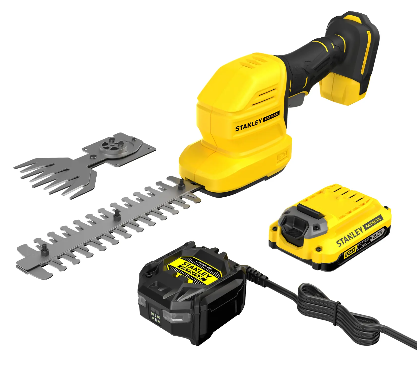 Kit cesoie da giardino senza fili STANLEY STCSS20D1, giallo-nero, angolo laterale, batteria e caricabatterie inclusi.