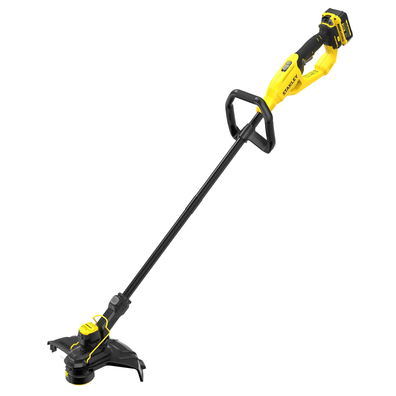 STANLEY STCST933M1 coupe-bordures sans fil jaune et noir, vue latérale sur fond blanc.