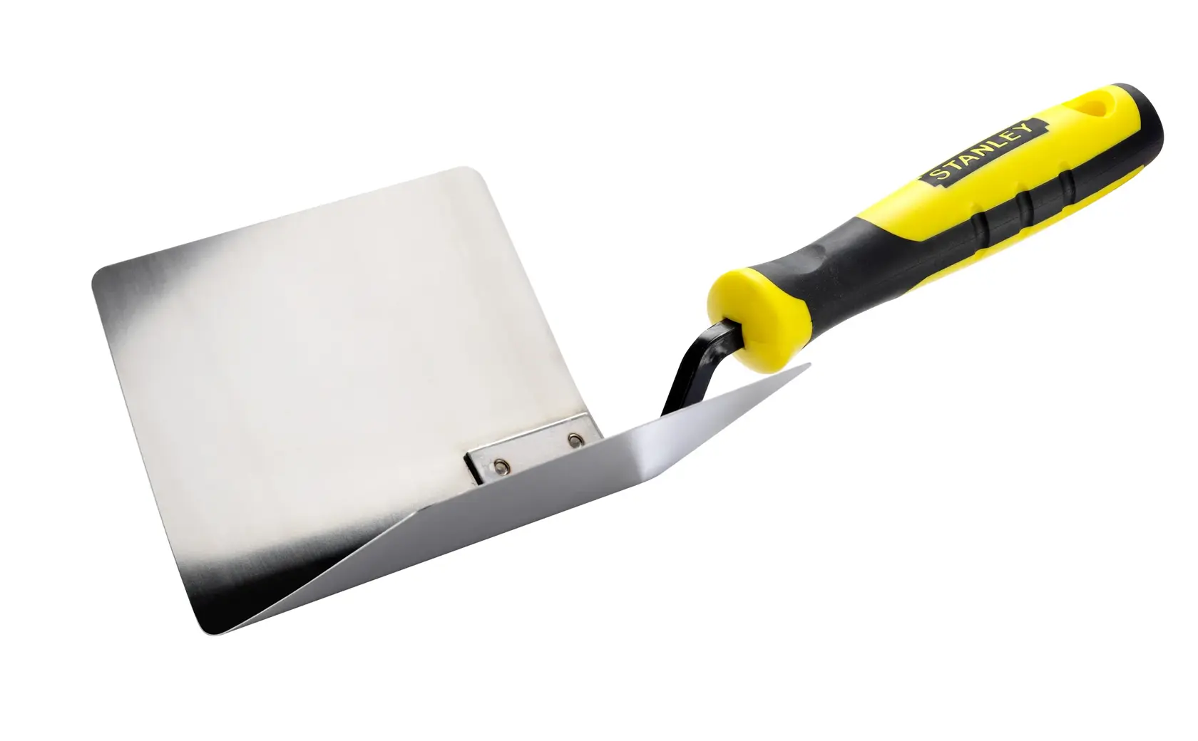 A Stanley square trowel with a yellow and black handle and stainless steel blade, used for masonry or plaster work.
