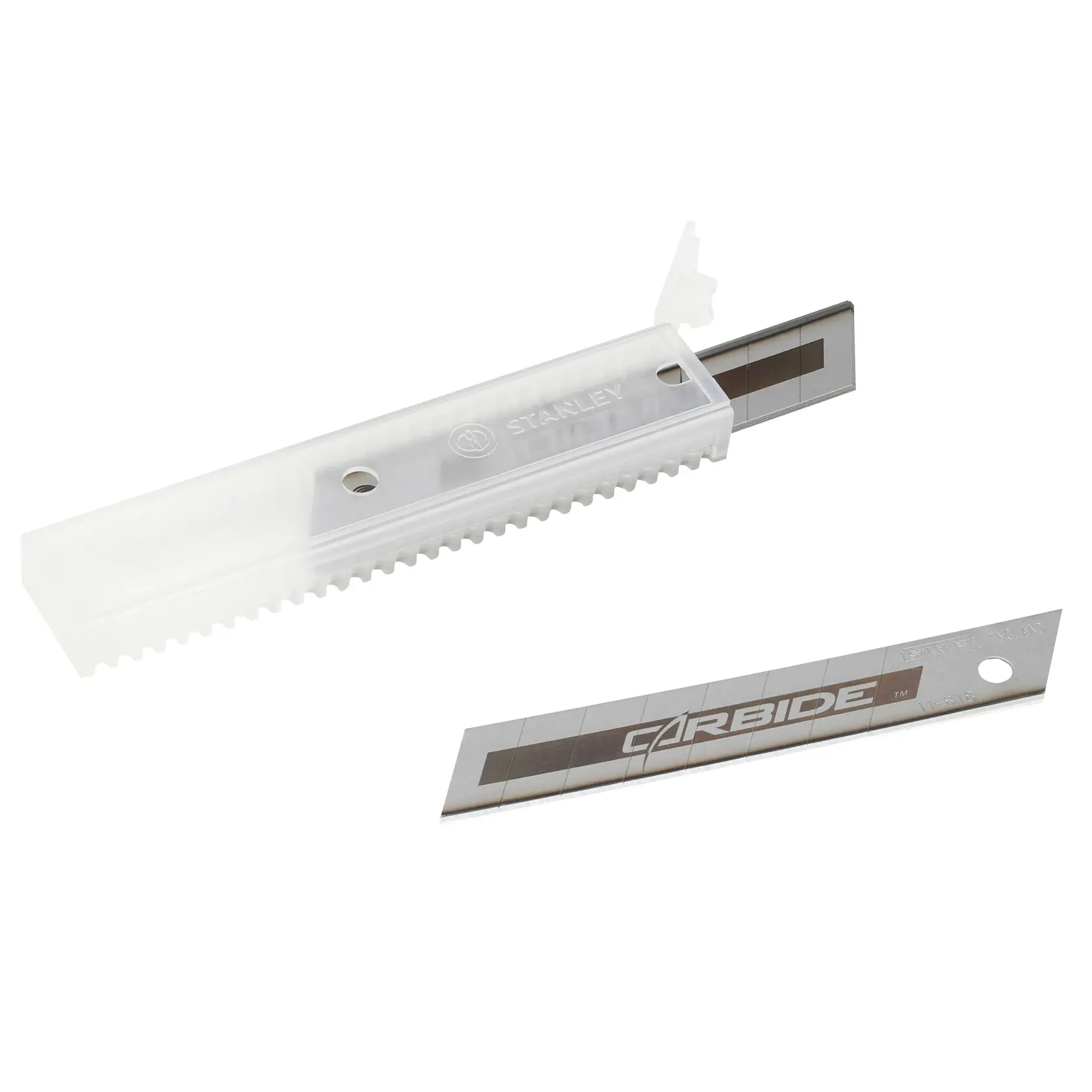 STANLEY STHT0-11818 lames utilitaires avec étui transparent, vue en angle, lame Carbide argentée.