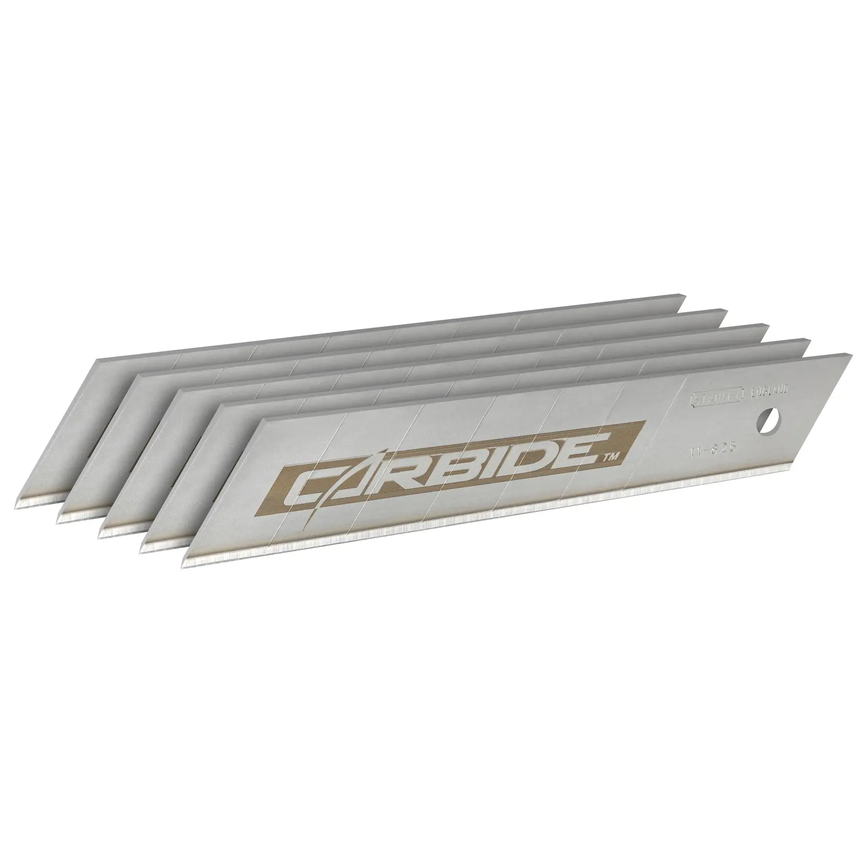 Empilement de lames de couteaux utilitaires argentées avec logo 'Carbide', vues en biais.
