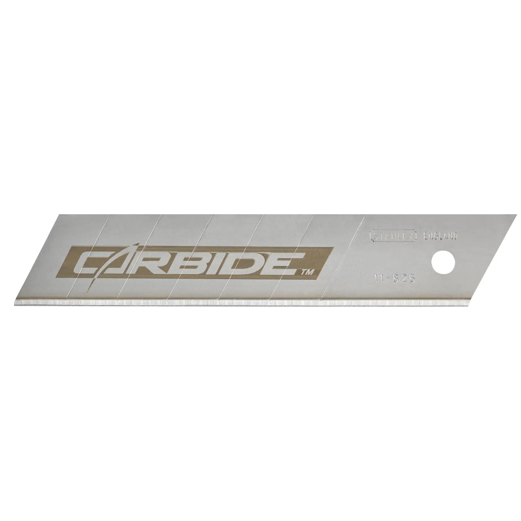Photo de la lame sécable STANLEY STHT0-11825, argentée avec logo carbide, vue latérale sur fond blanc.