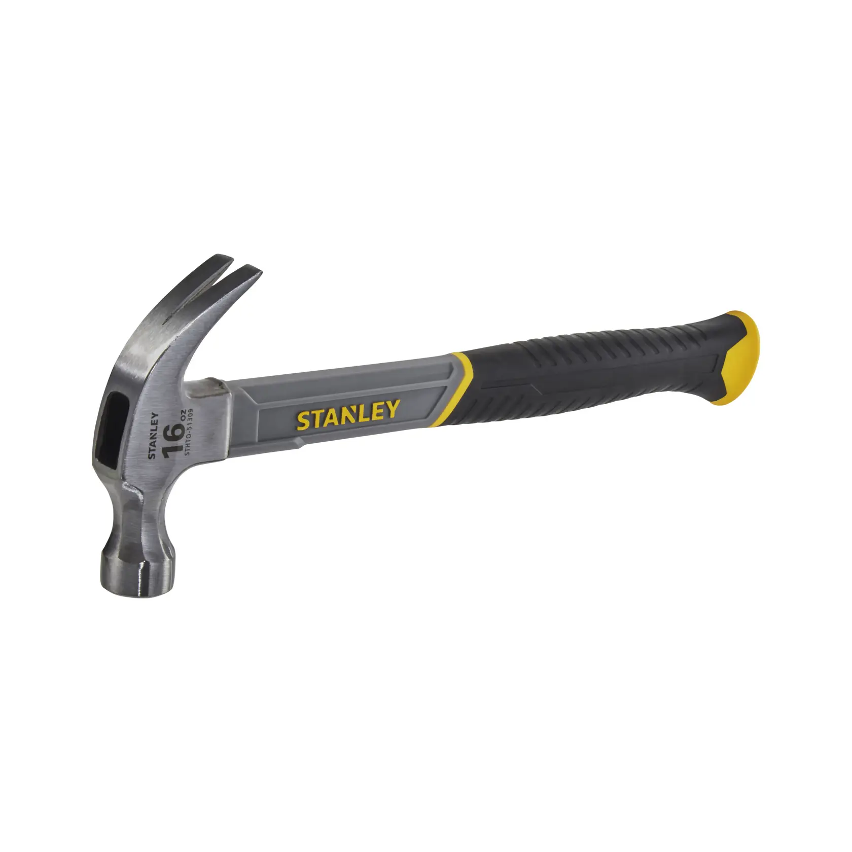 Marteau de charpentier STANLEY STHT0-51309 avec poignée noire et jaune, vue latérale sur fond blanc.