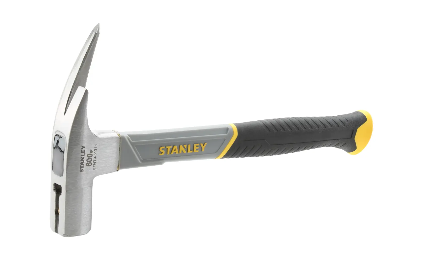 Photo of STANLEY STHT0-51311 claw hammer with grey and black handle, side angle on white background.