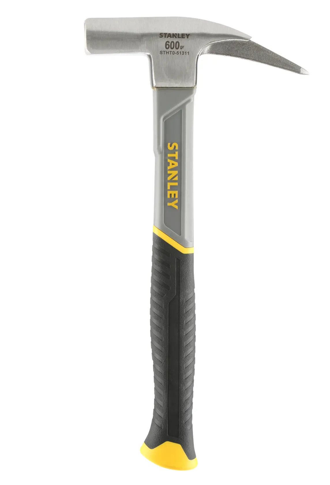 Stanley STHT0-51311 600g hammer with a pointed claw and textured black and yellow handle.