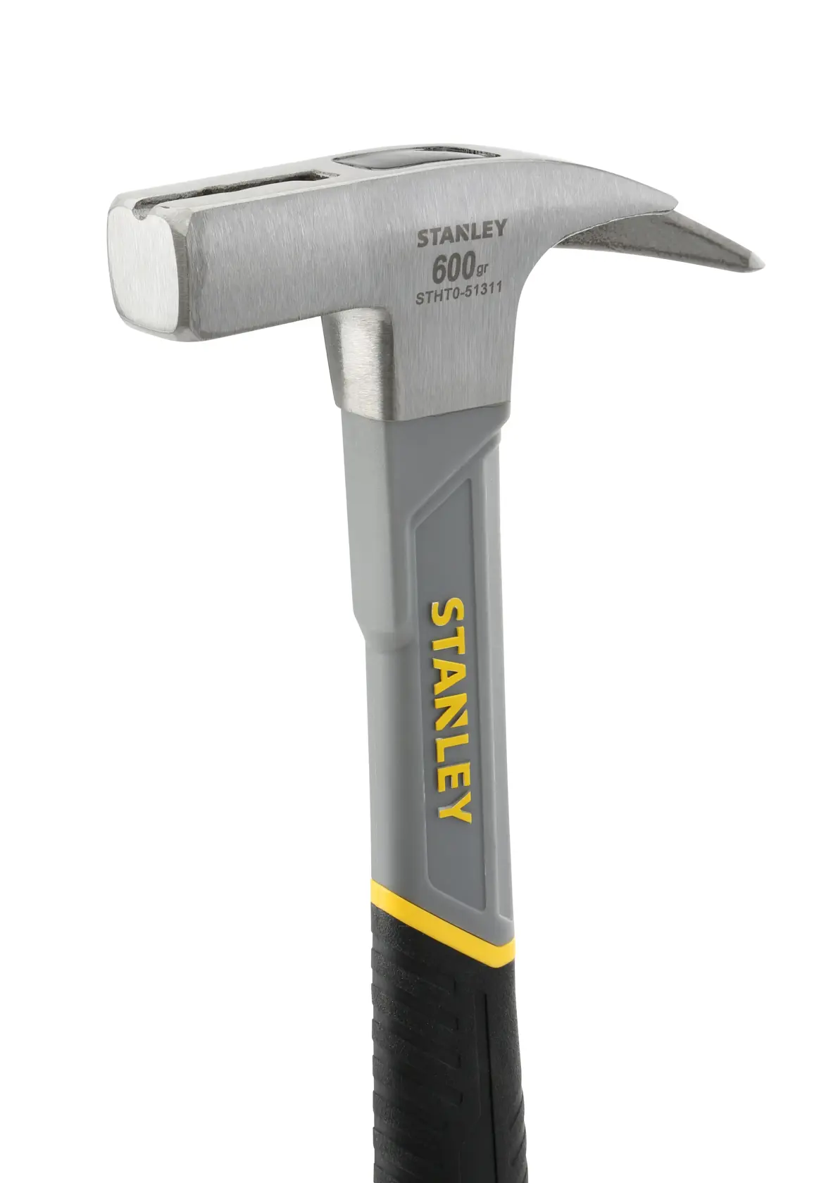 Stanley claw hammer with grey handle and yellow accents, model STHT0-51311, 600 grams.