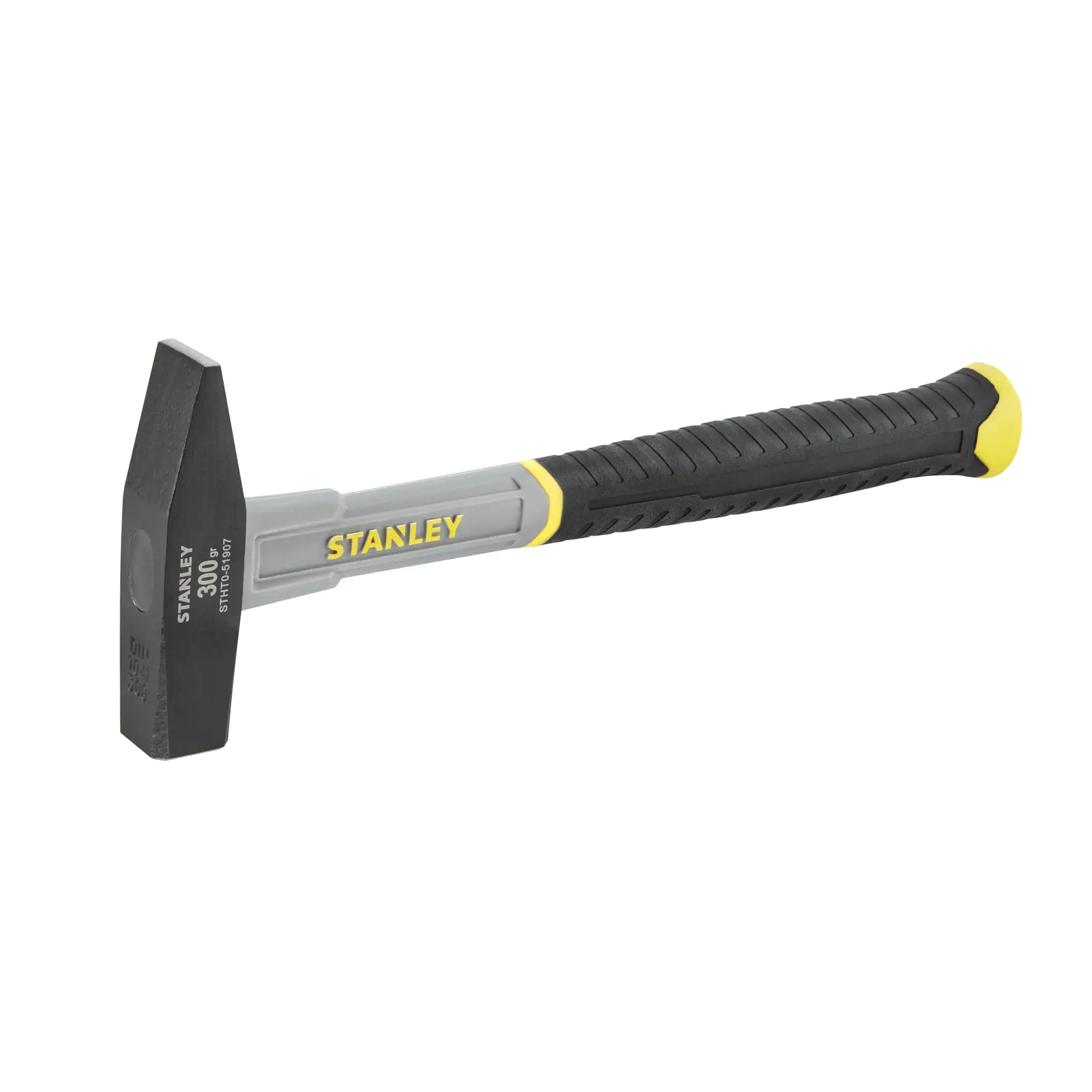 Marteau Stanley 300g avec manche noir et jaune et tête métallique sur fond blanc.
