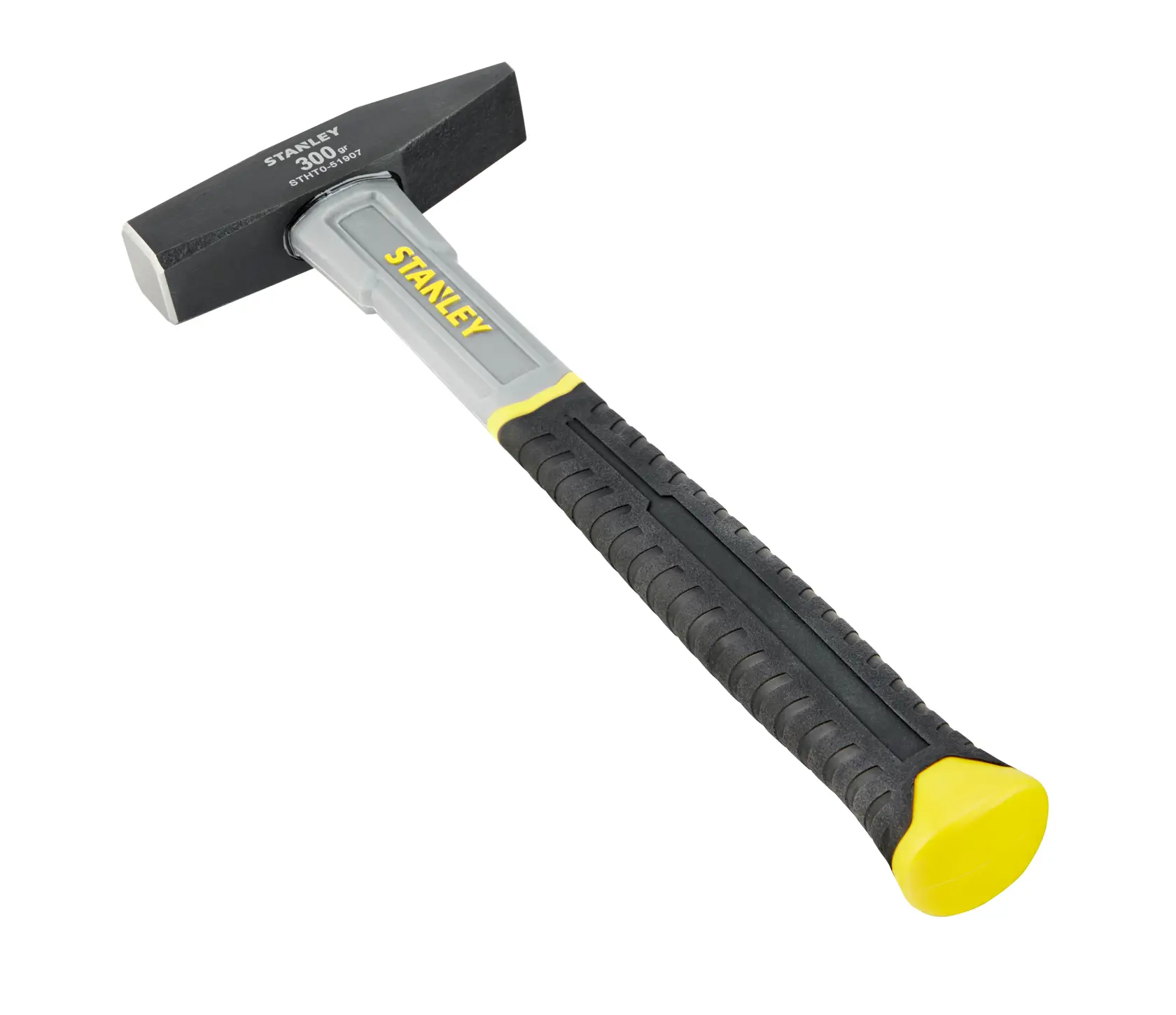 STANLEY STHT0-51907 Hammer mit schwarzem Kopf, grau-schwarzem Griff, gelben Akzenten, schräge Ansicht, weißer Hintergrund.