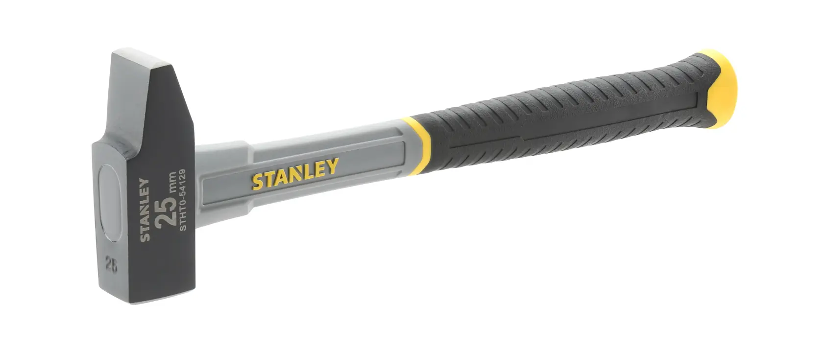 Photo of STANLEY STHT0-54129 club hammer with gray steel head and black textured handle, angled on white background.