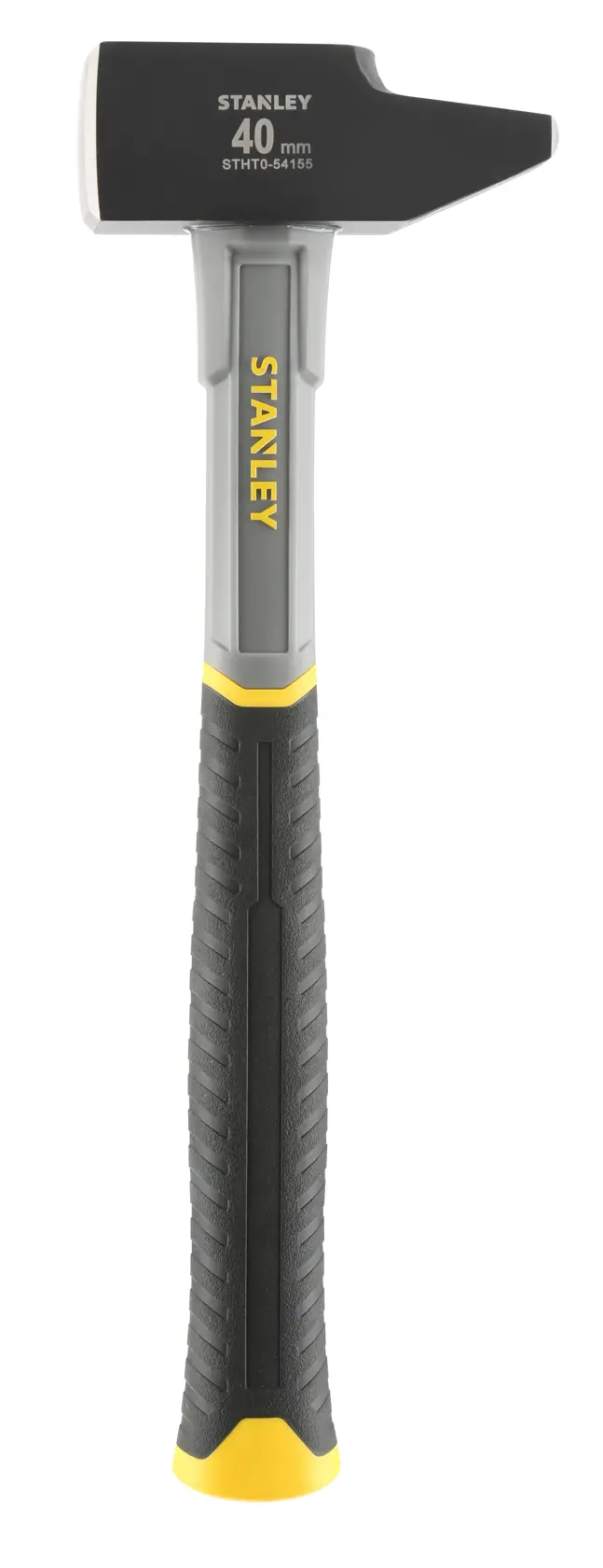 STANLEY STHT0-54155 hammer with black forged steel head and ergonomic black and yellow handle, front view.