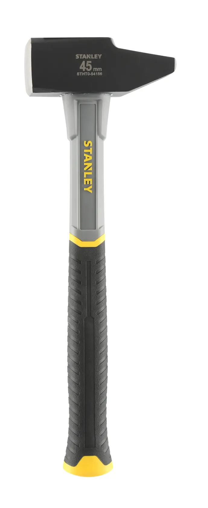 Stanley STHT0-54156 black and grey sledge hammer, front angle, yellow accents, textured handle.