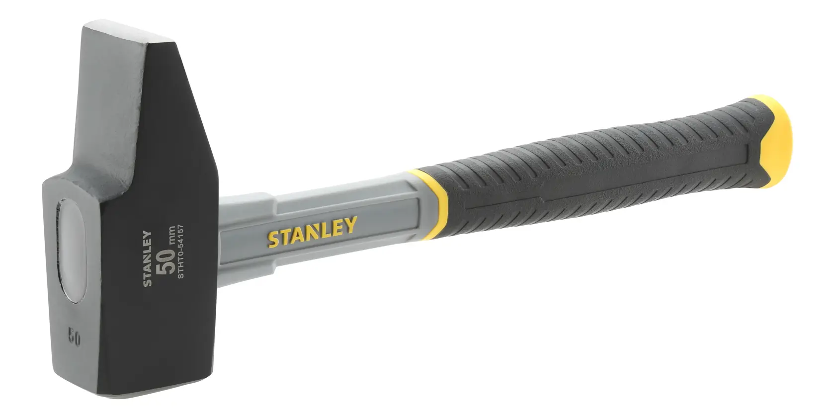 STANLEY STHT0-54157 club hammer, black and grey head, black ergonomic handle, side angle on white background.