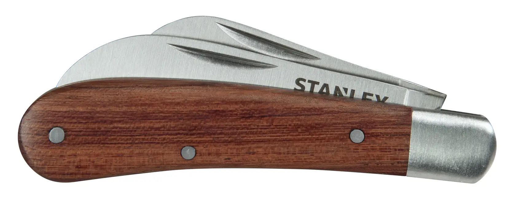 Stanley folding pocket knife with wooden handle and metal accents. Blades partially open.