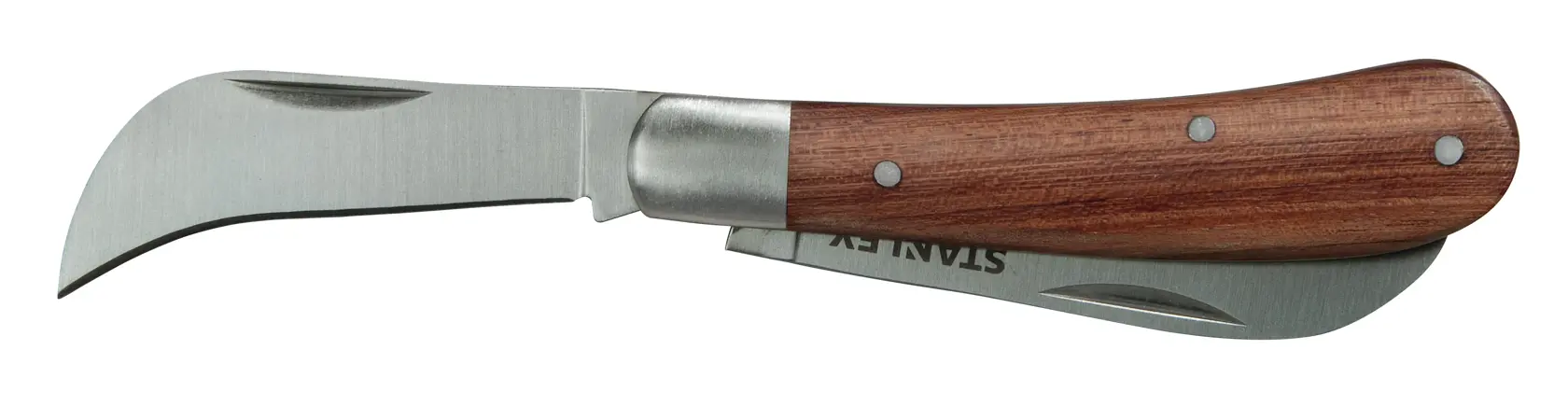 STANLEY STHT0-62687 folding pruning knife with curved stainless blade and wooden handle, side view on white.