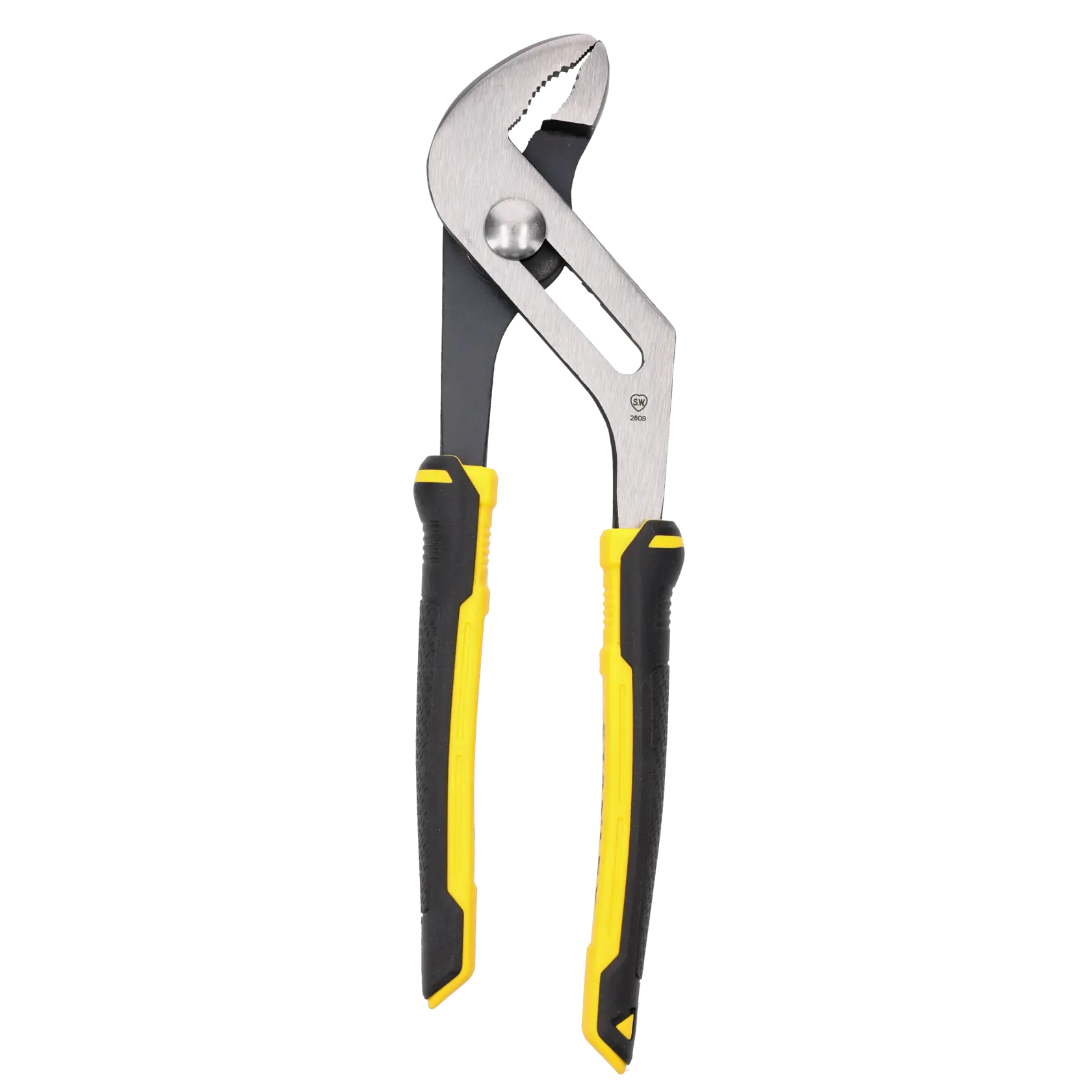 Pince multiprise réglable à poignées noires et jaunes, idéale pour tuyaux et raccords.