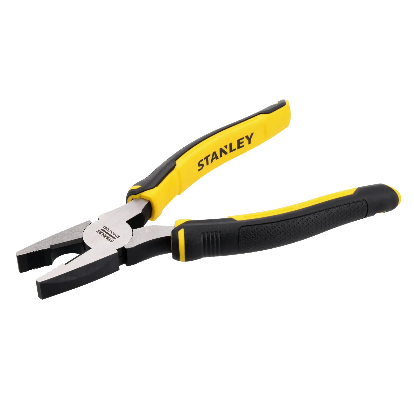A pair of combination pliers with yellow and black handles, branded STANLEY.
