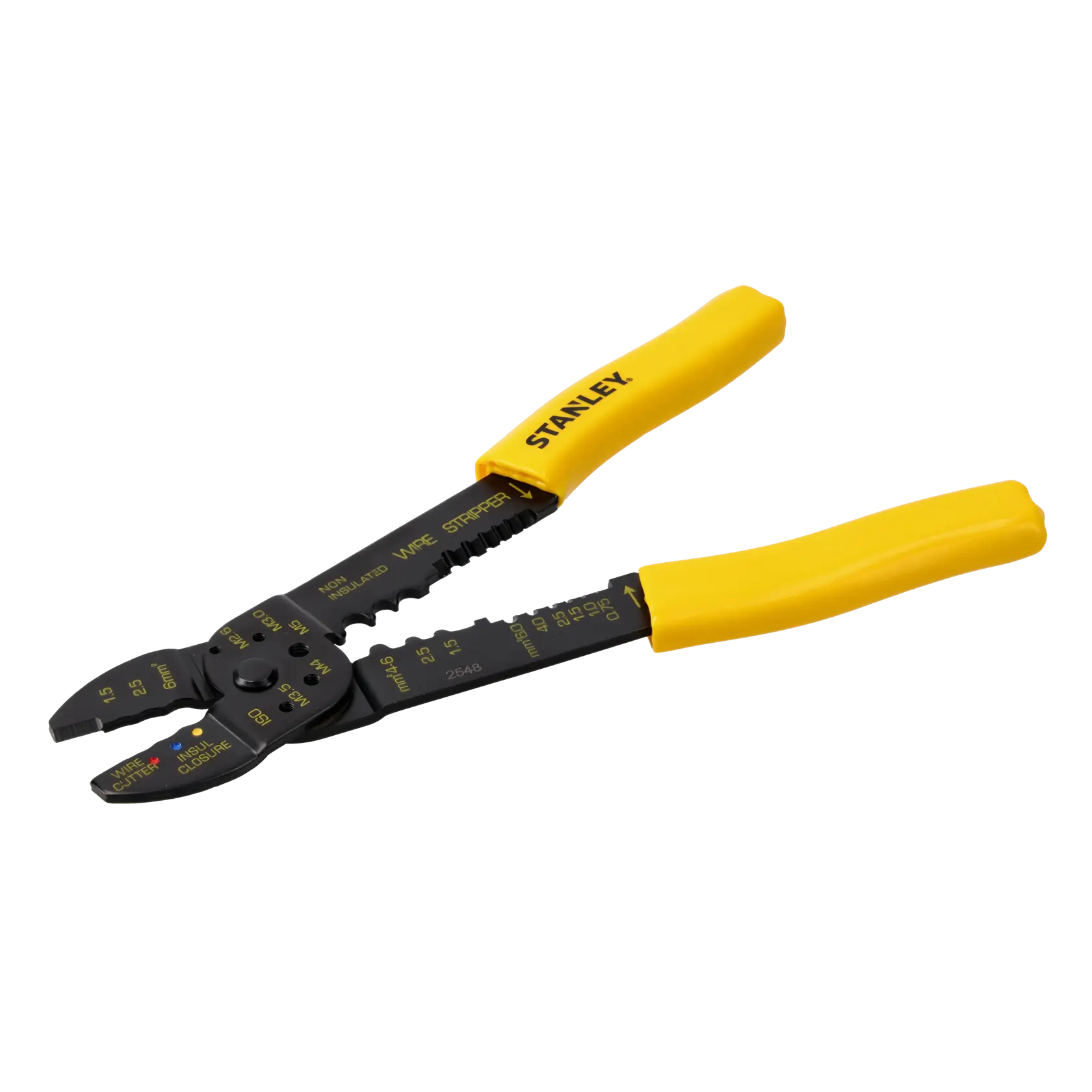 A pair of STANLEY wire strippers with yellow handles, featuring markings for cutting, stripping, and crimping wires. The tool is shown against a white background.