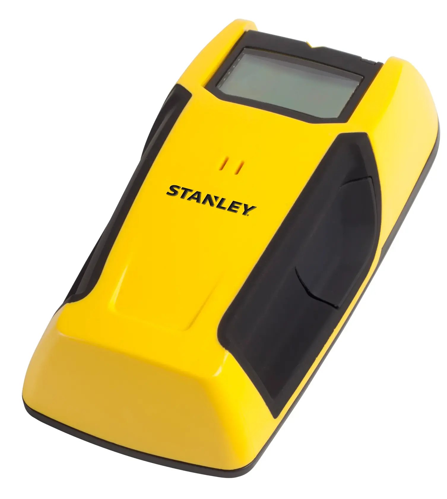 Détecteur de montants électronique STANLEY STHT0-77406, jaune et noir, vue en angle sur fond blanc.