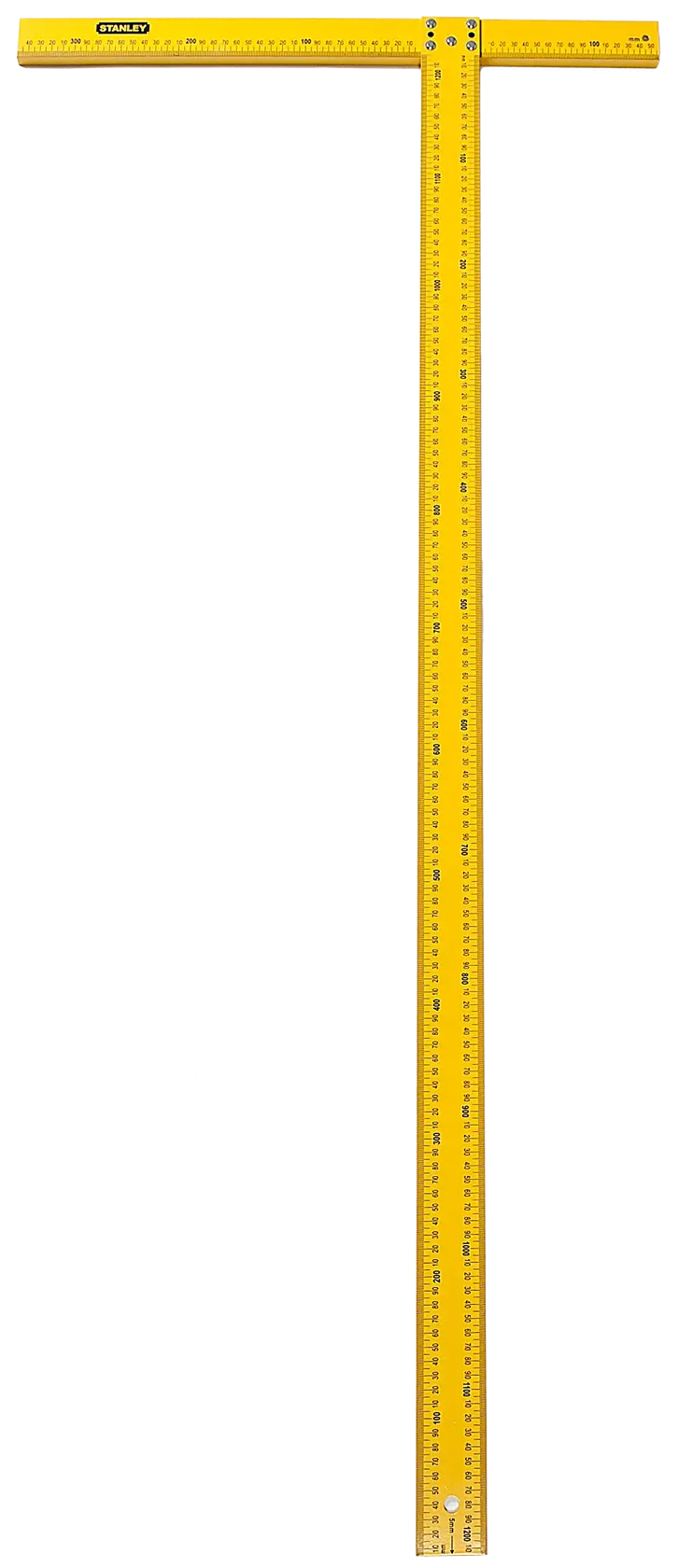 Stanley yellow T-square with ruler markings for measuring and drawing straight lines on surfaces.
