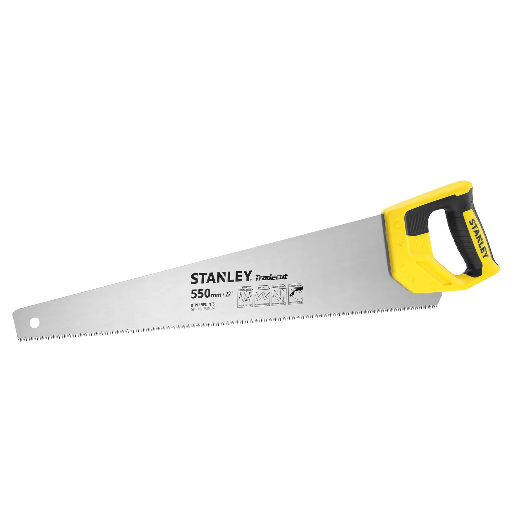 Scie à main Stanley avec poignée jaune et noire, lame de 550 mm pour couper le bois et matériaux de construction.