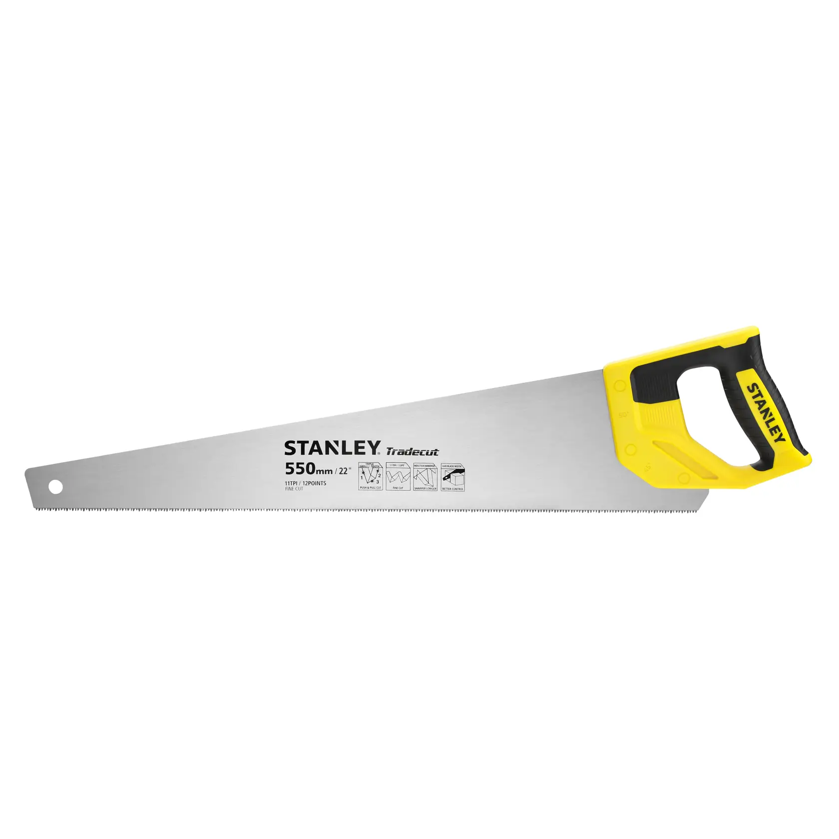 Scie à main Stanley Tradecut 550mm avec poignée jaune et noire, idéale pour couper du bois.
