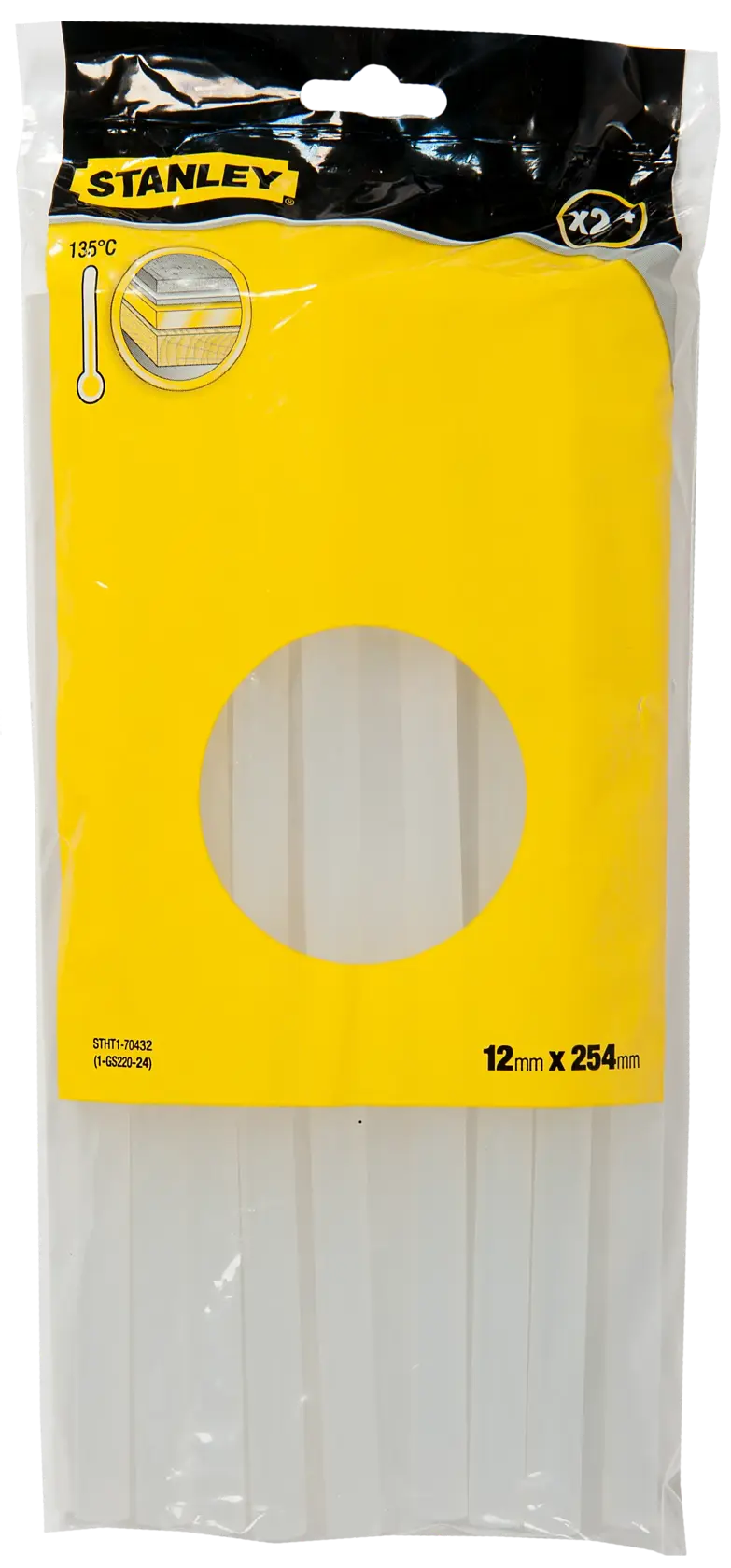 Un paquet de bâtons de colle Stanley dans un sac plastique transparent avec une étiquette jaune et noire. L’étiquette