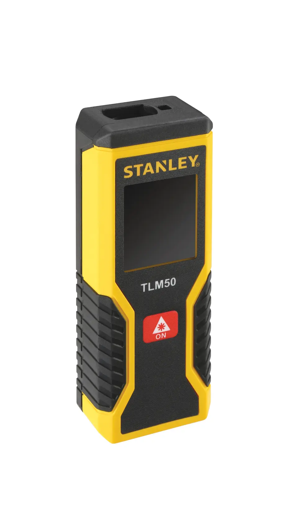 Photo du télémètre laser STANLEY TLM50, SKU STHT1-77409, jaune et noir, vue inclinée sur fond blanc.