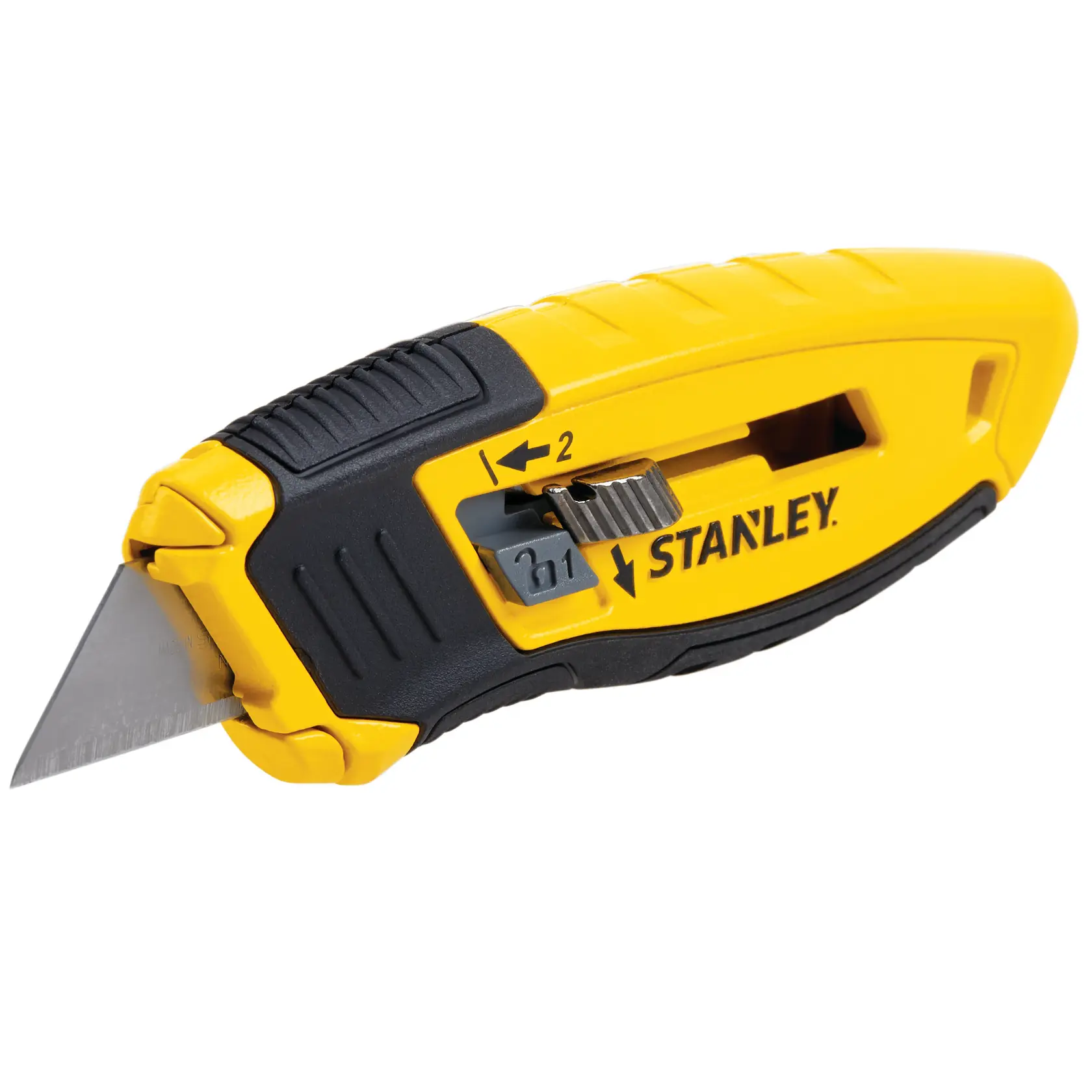 STANLEY STHT10432-0 utility knife, yellow and black, side angle, visible blade and adjustment slider.