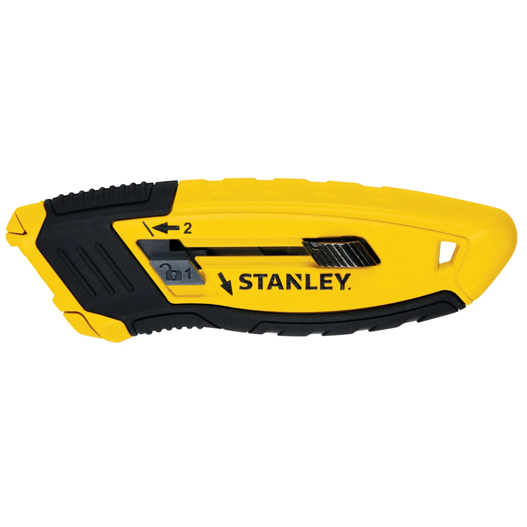 STANLEY STHT10432-0 yellow and black utility knife, side angle on white background.