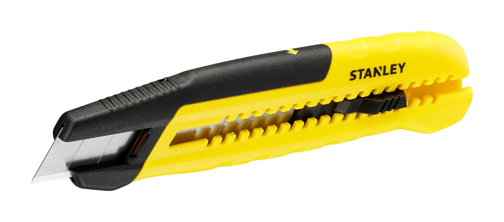 Foto des STANLEY STHT10489 Cuttermessers mit gelbem und schwarzem Griff, Seitenansicht, weißer Hintergrund.
