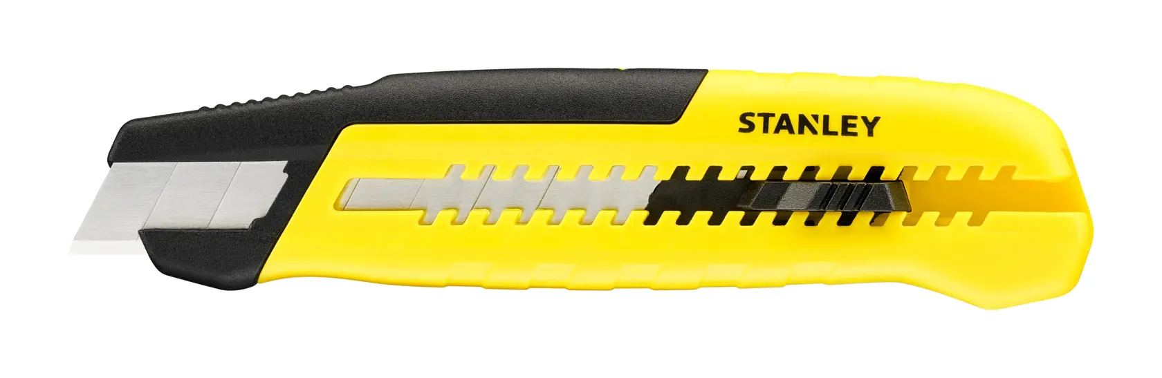 STANLEY STHT10489 Universalmesser mit gelb-schwarzem Gehäuse, einziehbarer Klinge, Seitenansicht, weißer Hintergrund.