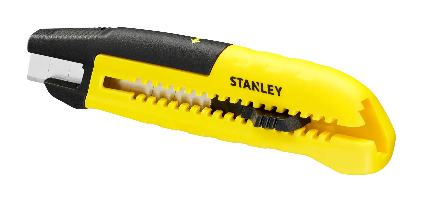 Stanley STHT10489 Universalmesser mit gelbem und schwarzem Griff, schräg auf weißem Hintergrund.