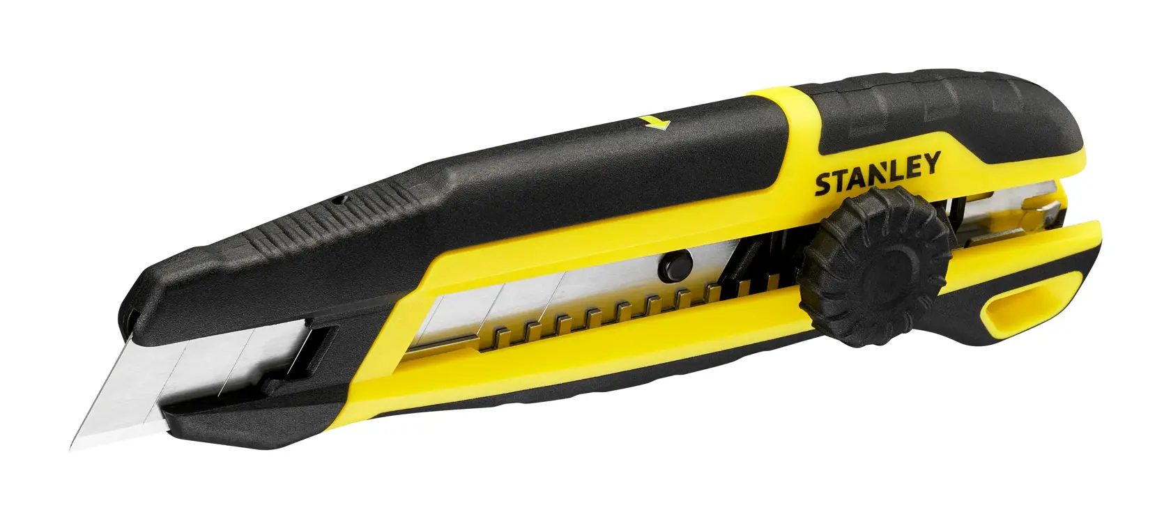 STANLEY STHT10500-0 gelb-schwarzes Universalmesser, Seitenansicht, mit einziehbarer Klinge und strukturiertem Griff.