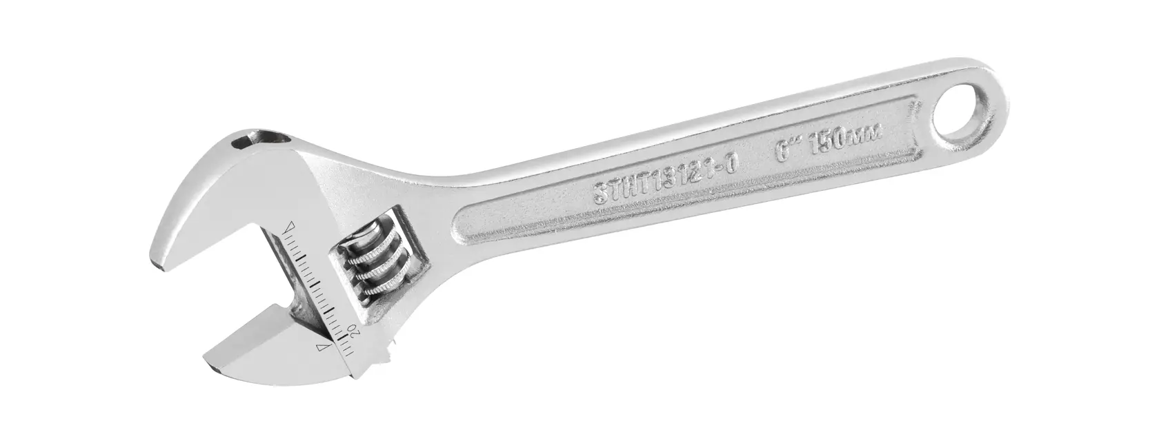 Silver adjustable wrench with measurement scale and hole at the handle end, shown on a white background.