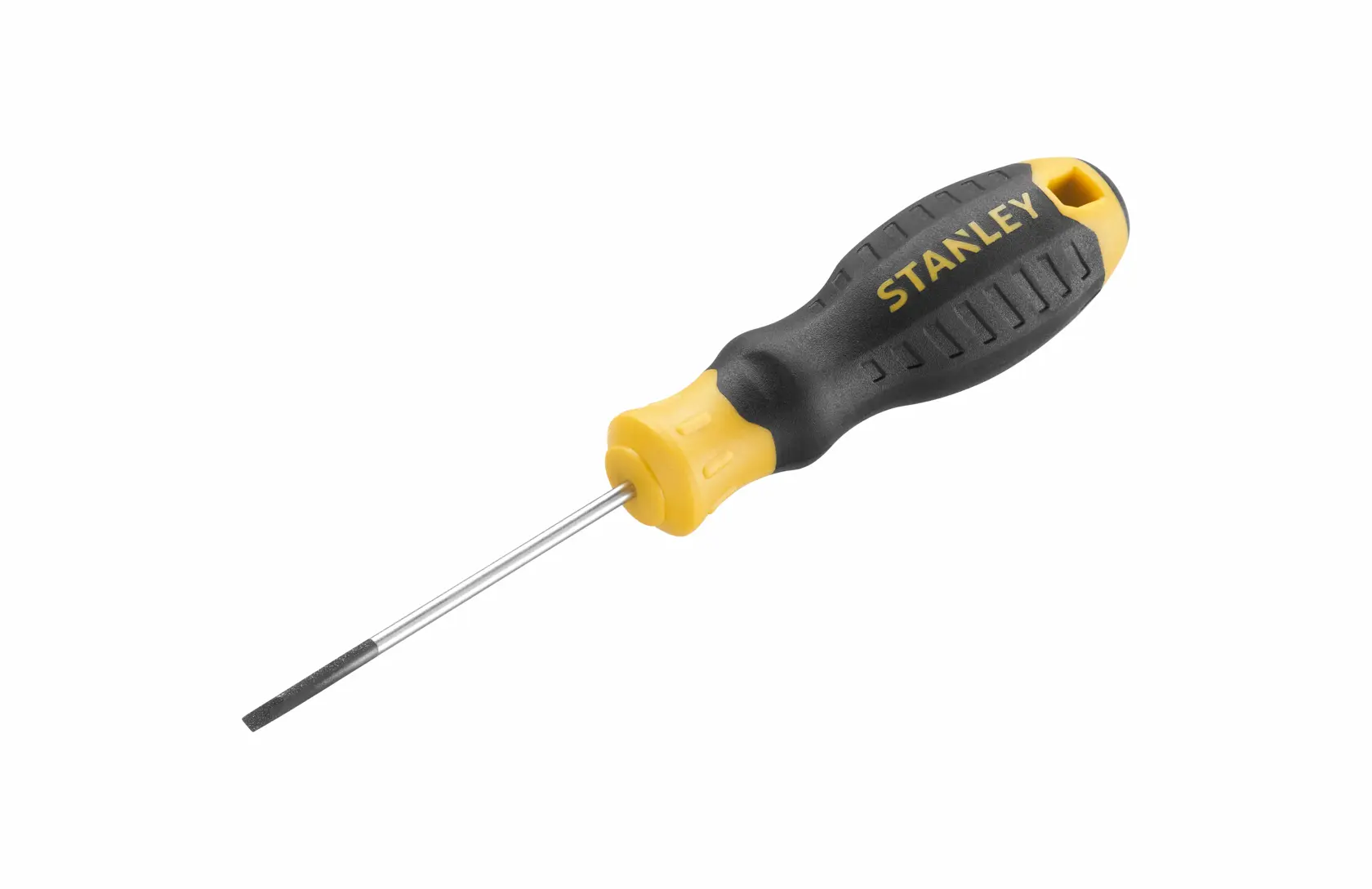 STANLEY STHT16151-0 slotted screwdriver with black and yellow ergonomic handle, side angle on white background.
