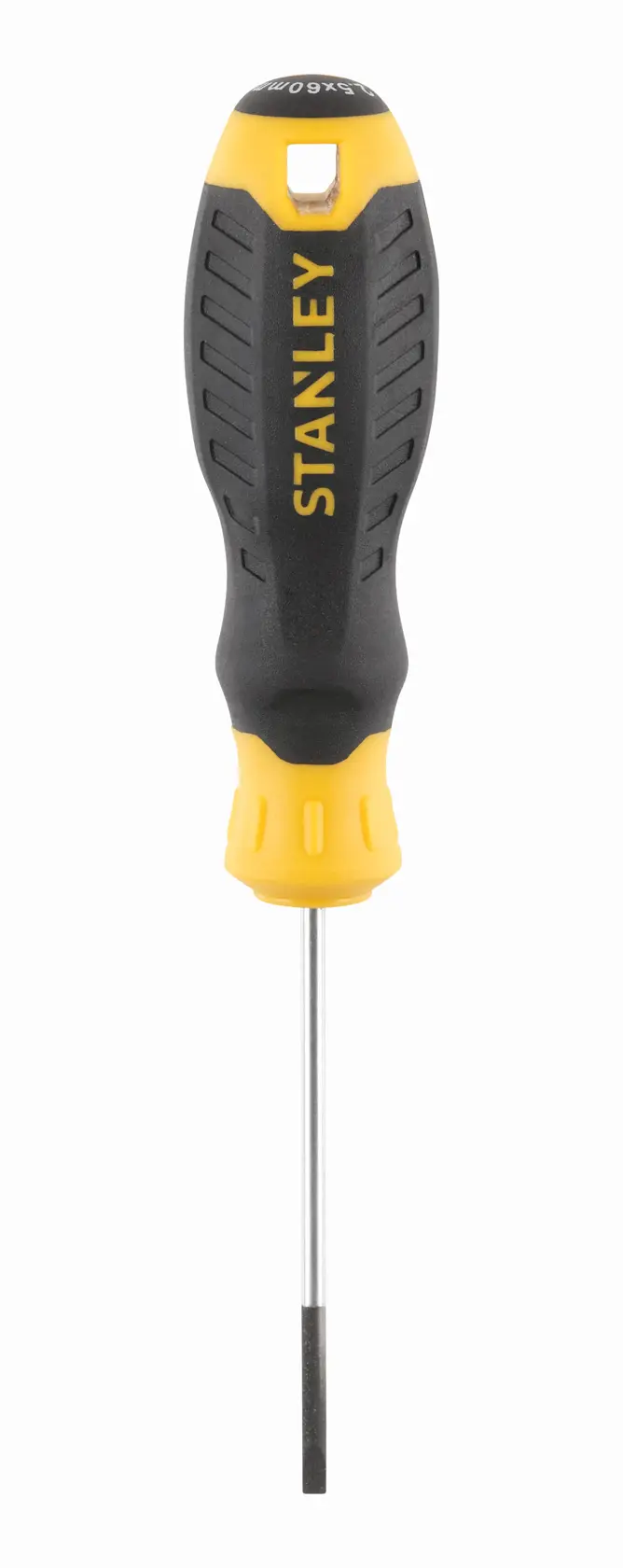 STANLEY STHT16151-0 screwdriver, black and yellow handle, flat head, front view on white background.