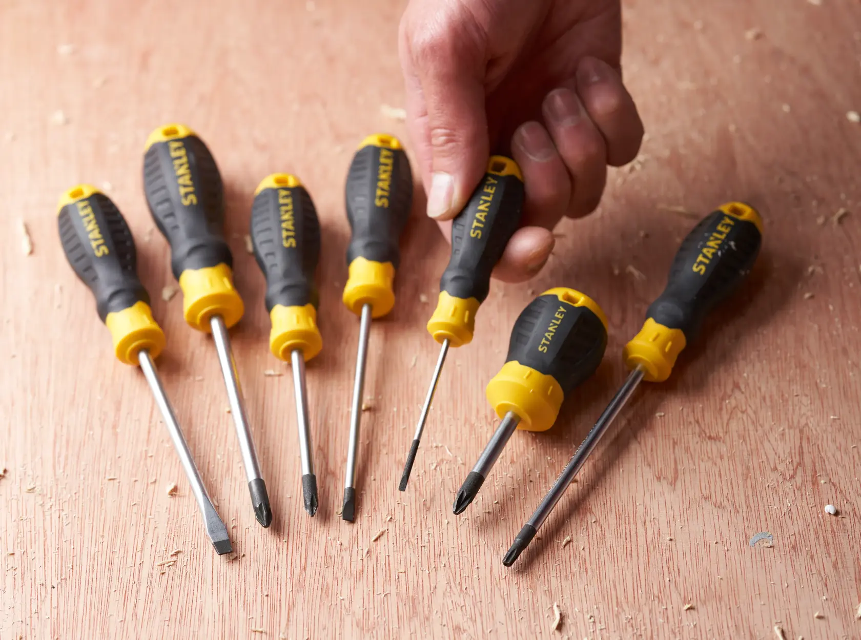Photo of STANLEY STHT16151-0 screwdriver set with yellow and black handles, shown on a wooden surface with a hand holding one.