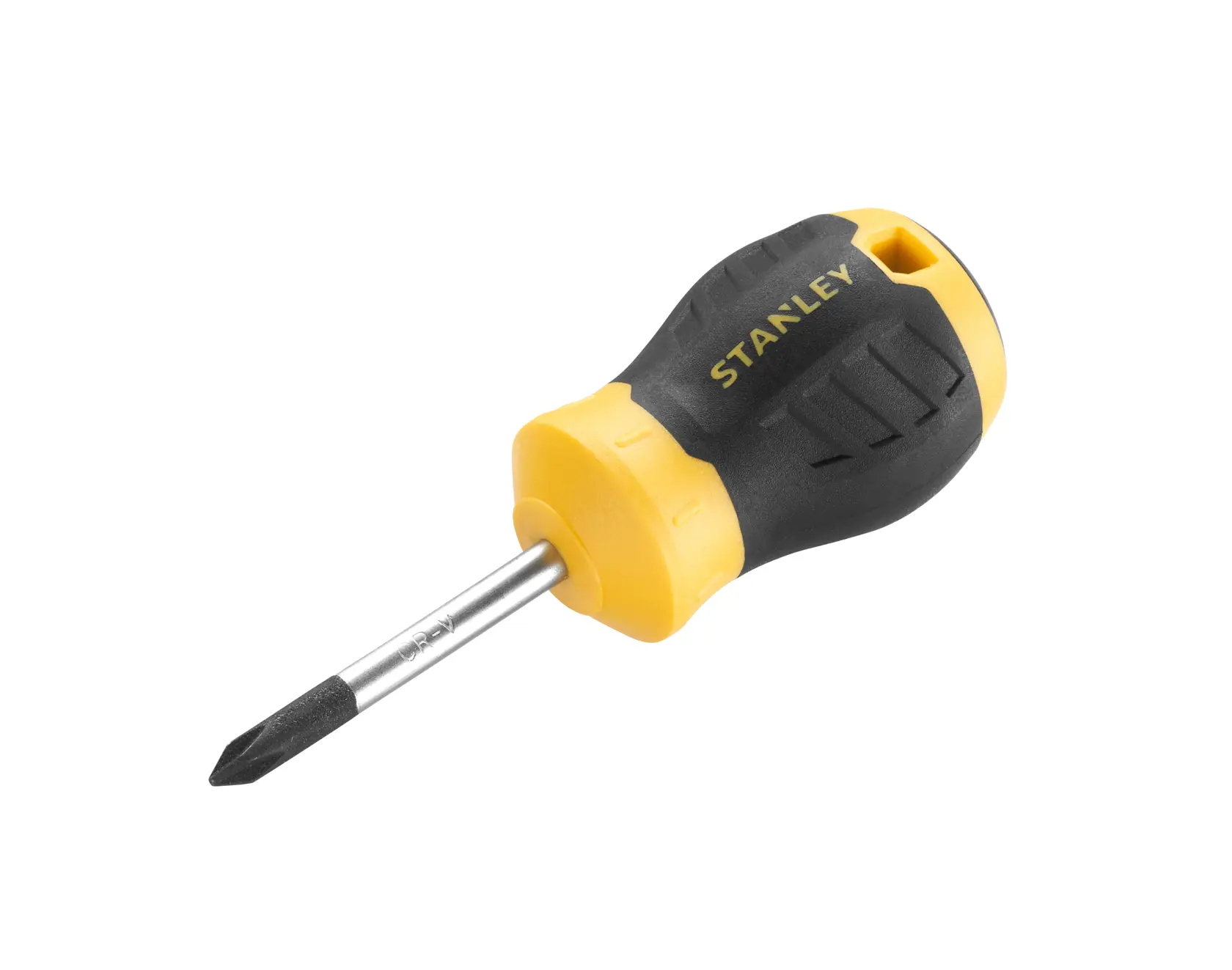 STANLEY STHT16154-0 stubby Phillips screwdriver, yellow and black handle, side angle photo.