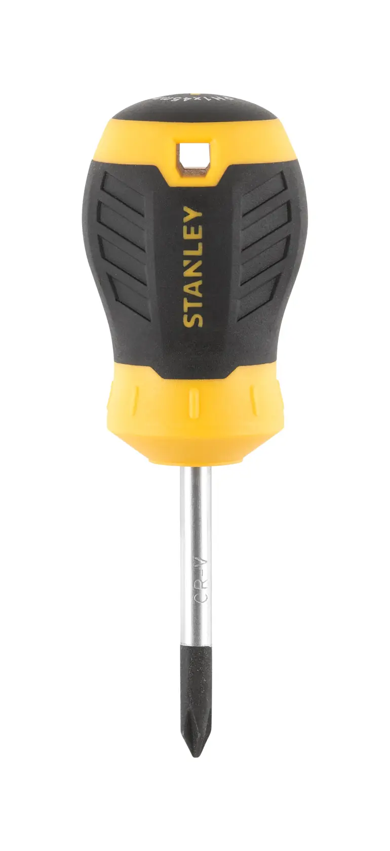 STANLEY STHT16154-0 stubby Phillips screwdriver with black and yellow handle, front view on white background.